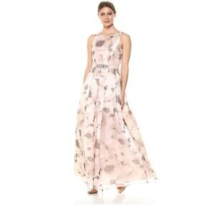 NWOT Eliza J Floral Organza Embellished Champagne Metallic Jacquard Ball Gown 6